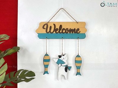 Bảng Welcome Mèo Cá PCB [Bằng gỗ - ĐK 30cm] BTC-WEL-09